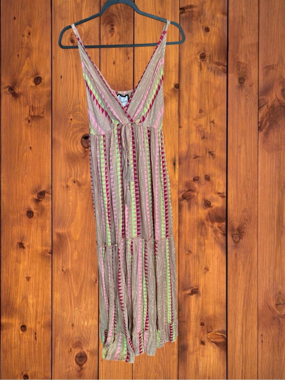 Gold & Silver Boho Chevron Maxi Dress - Metallic Striped Tassel Sundress Small - Picture 6 of 14
